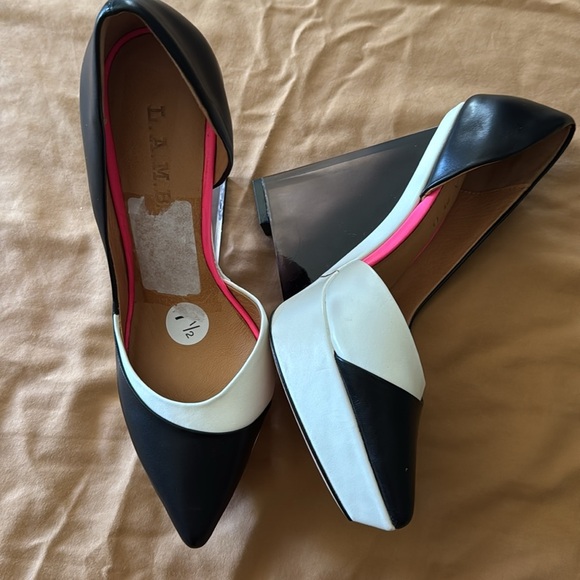 L.A.M.B. Woman’s Slip On Heels Black and White Hot Pink Wedge Heels - Picture 12 of 13